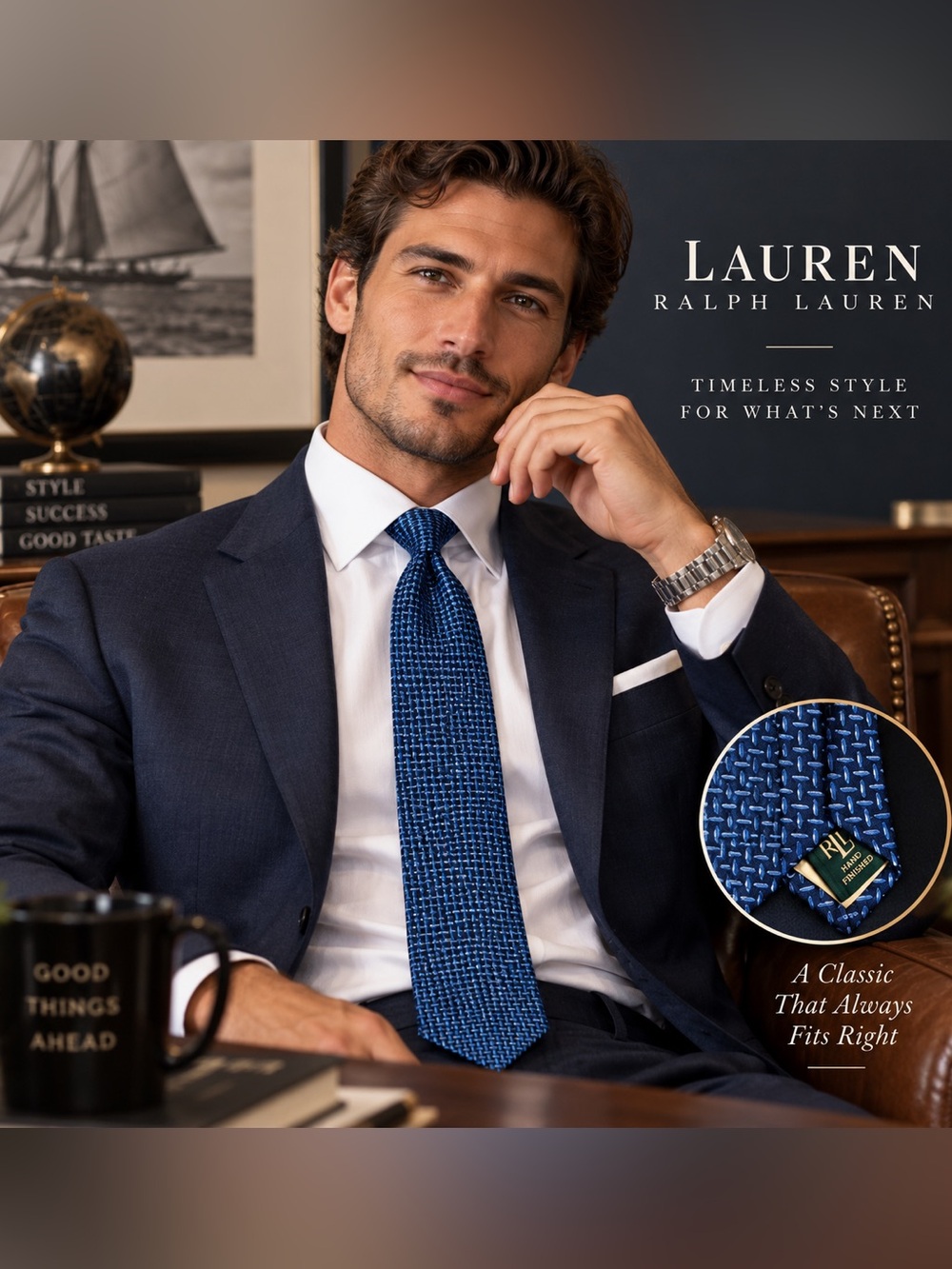 Lauren Ralph Lauren Men’s 100% Silk Navy Blue Geometric Tie